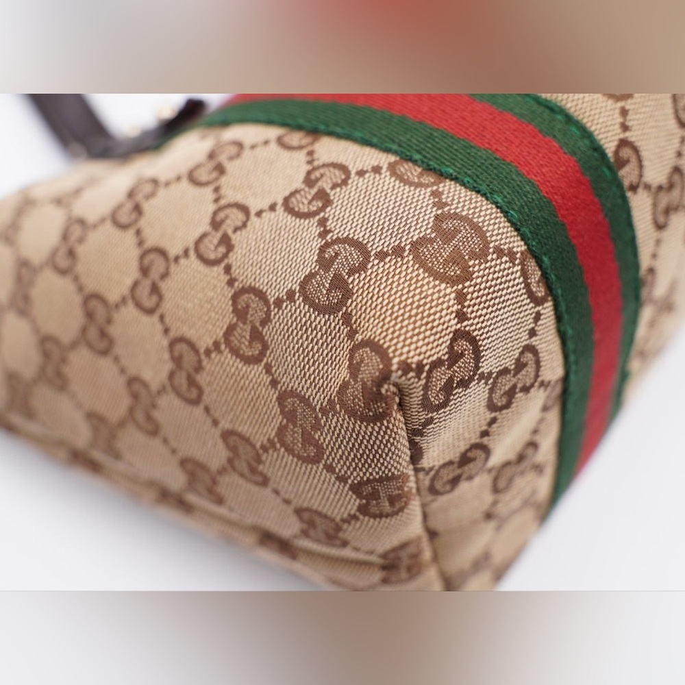 Gucci Beige GG Canvas Tote with Green and Red Web Stripe and Brown Trim - Picture 9 of 16